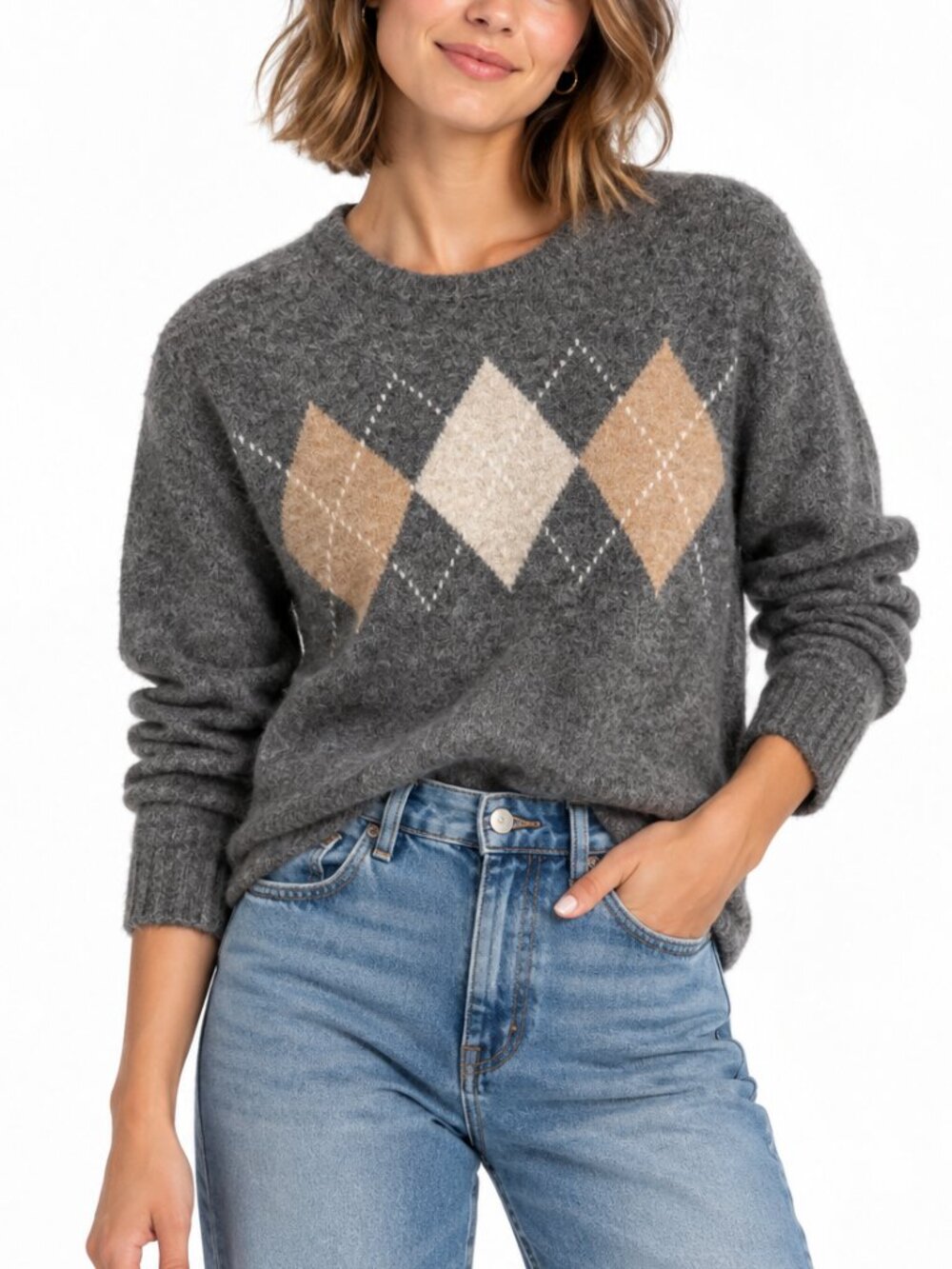 Gap Fuzzy Argyle Cropped Oversized Crewneck Sweater Gray Size XS